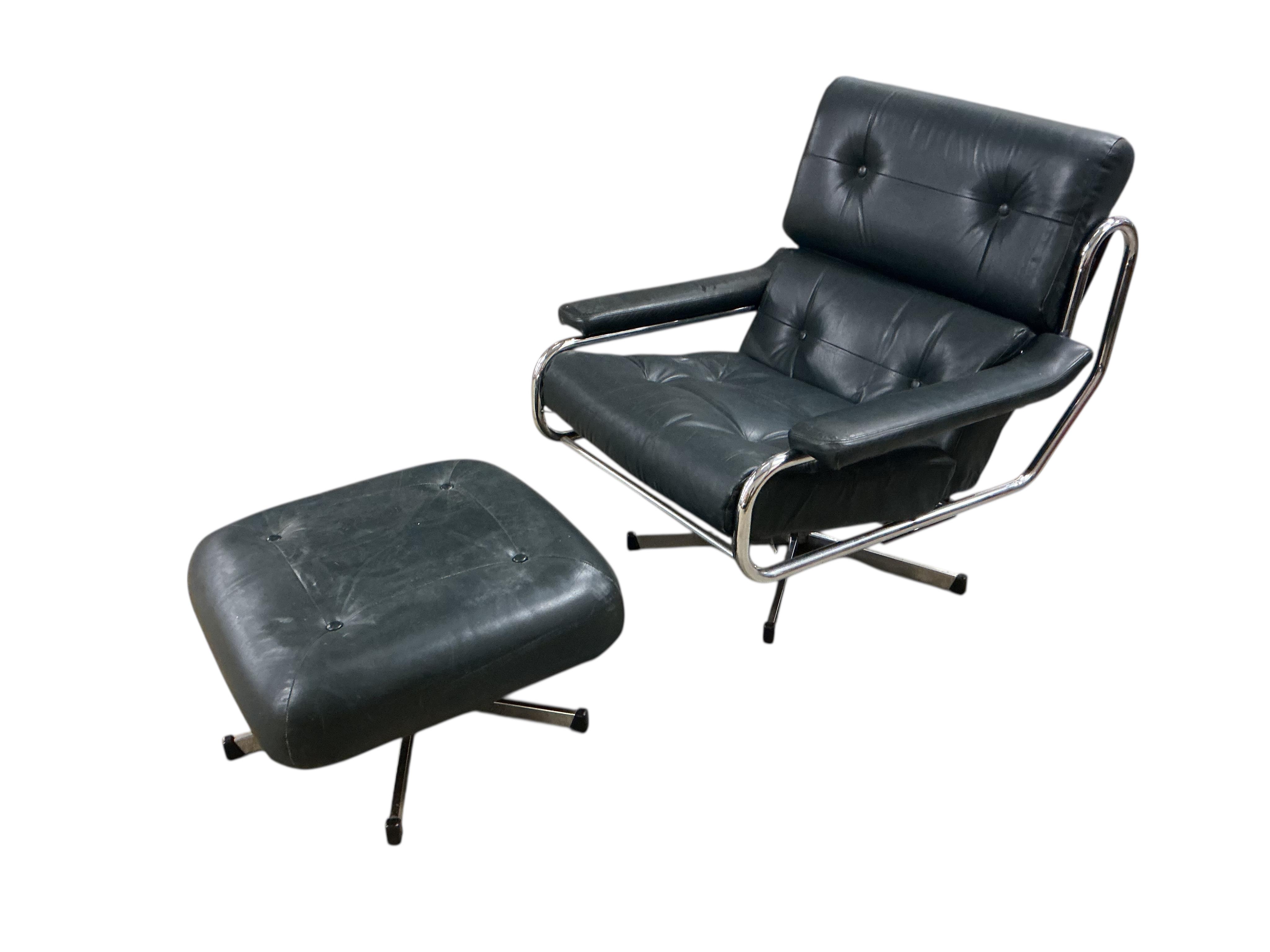 A near pair of mid century Pieff black and green leather swivel lounge chairs on chrome five prong bases, width 86cm, depth 94cm, height 91cm, one with a footstool